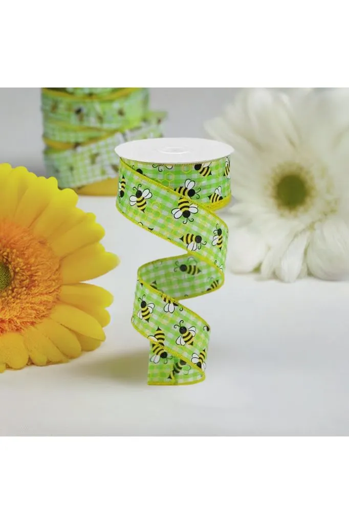 1.5" Mini Bumblebees on Check Ribbon: Lime Green (10 Yards)