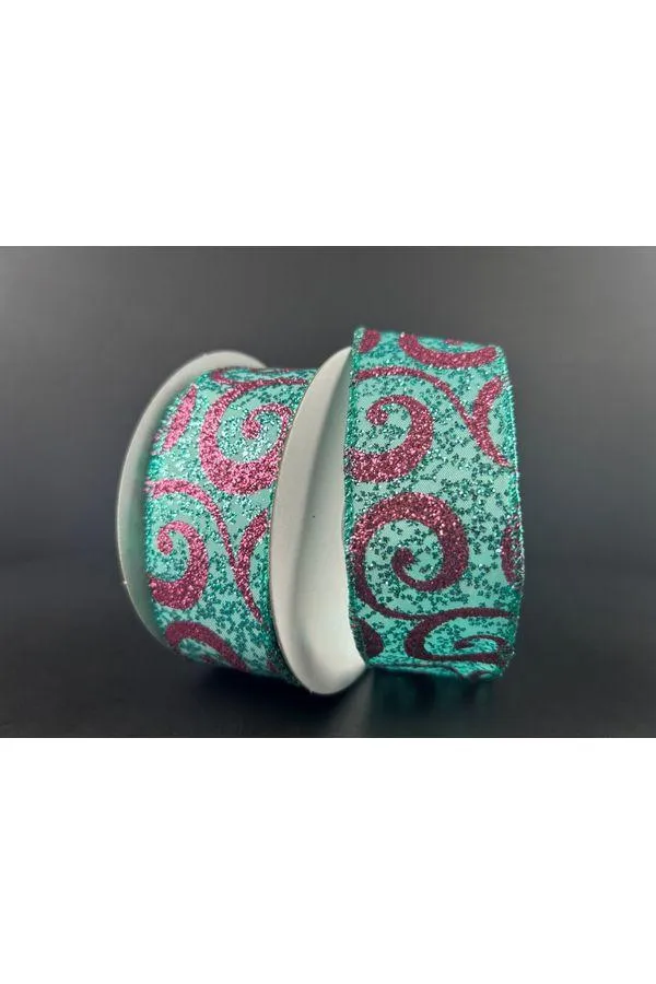 1.5" Pink Glitter Swirl Ribbon: Teal (10 Yards)