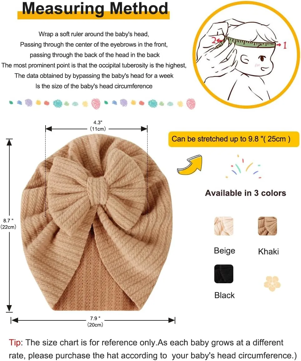3 Pack Velvet Baby Turban Hats with Bow, Stretchy Baby Head Cover Beanies for Newborn, Toddler, Infant Head Wraps