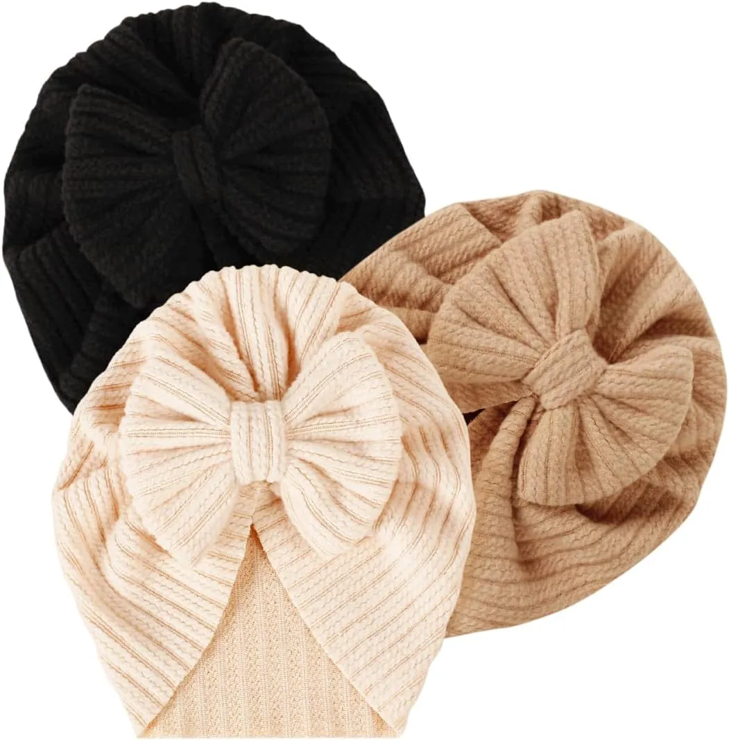 3 Pack Velvet Baby Turban Hats with Bow, Stretchy Baby Head Cover Beanies for Newborn, Toddler, Infant Head Wraps
