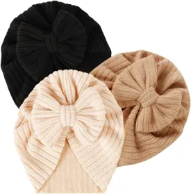 3 Pack Velvet Baby Turban Hats with Bow, Stretchy Baby Head Cover Beanies for Newborn, Toddler, Infant Head Wraps