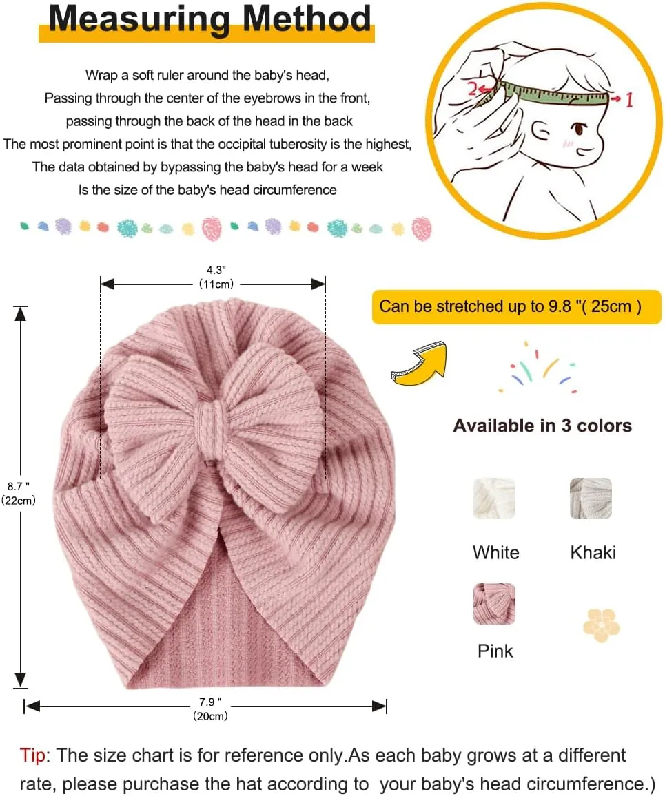 3 Pack Velvet Baby Turban Hats with Bow, Stretchy Baby Head Cover Beanies for Newborn, Toddler, Infant Head Wraps
