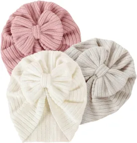 3 Pack Velvet Baby Turban Hats with Bow, Stretchy Baby Head Cover Beanies for Newborn, Toddler, Infant Head Wraps