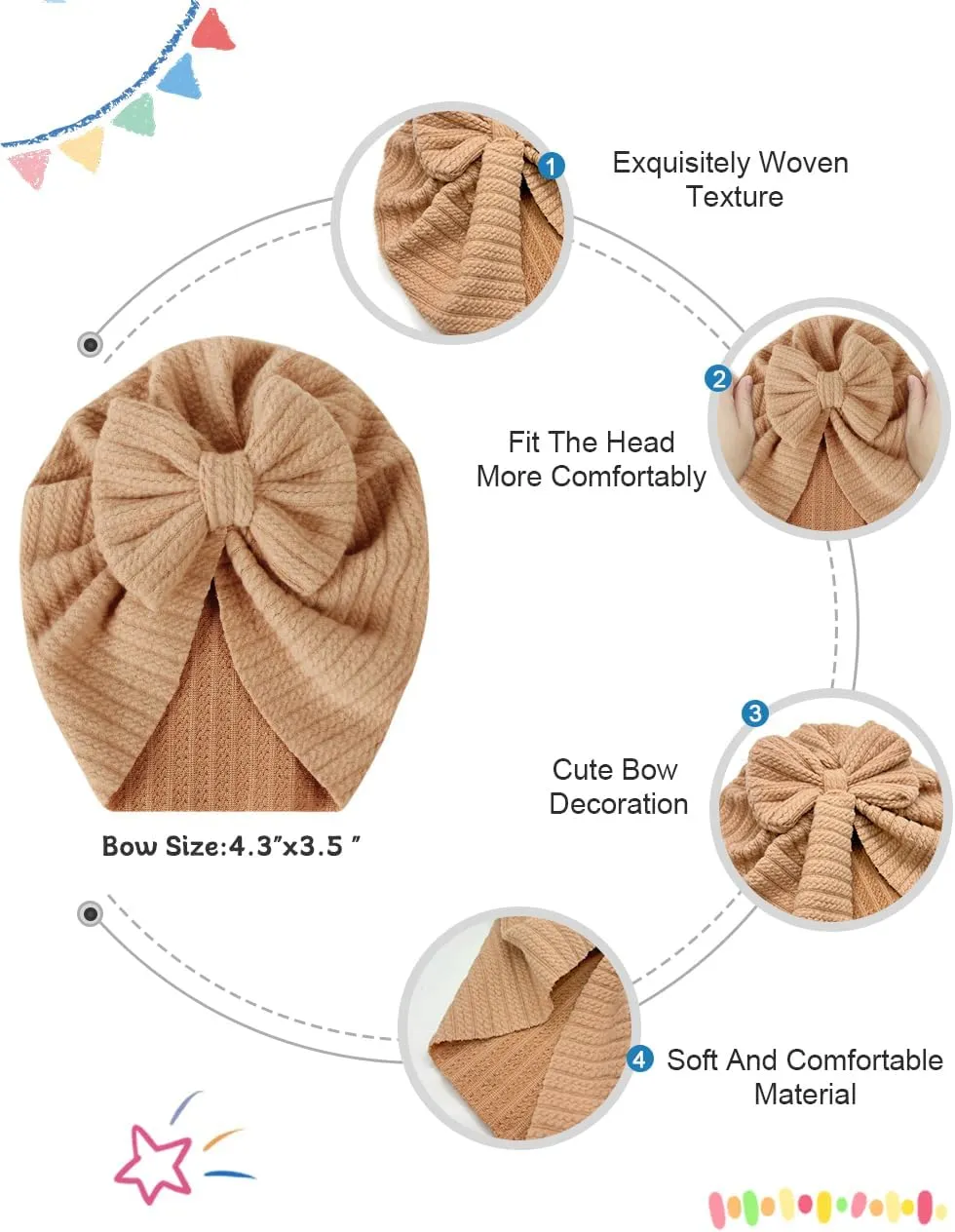 3 Pack Velvet Baby Turban Hats with Bow, Stretchy Baby Head Cover Beanies for Newborn, Toddler, Infant Head Wraps