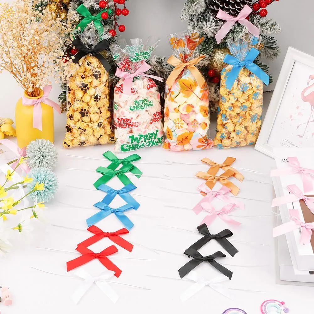 30 Pack Pink Twist Tie Bow, Satin Ribbon Bows Small Bows for Crafts, Mini Bowties Bowknot for Valentine Gifts DIY Decorations Treat Bags, Gift Wrap Bows, Premade Tiny Bows for Bakery Cookie Candy Bags