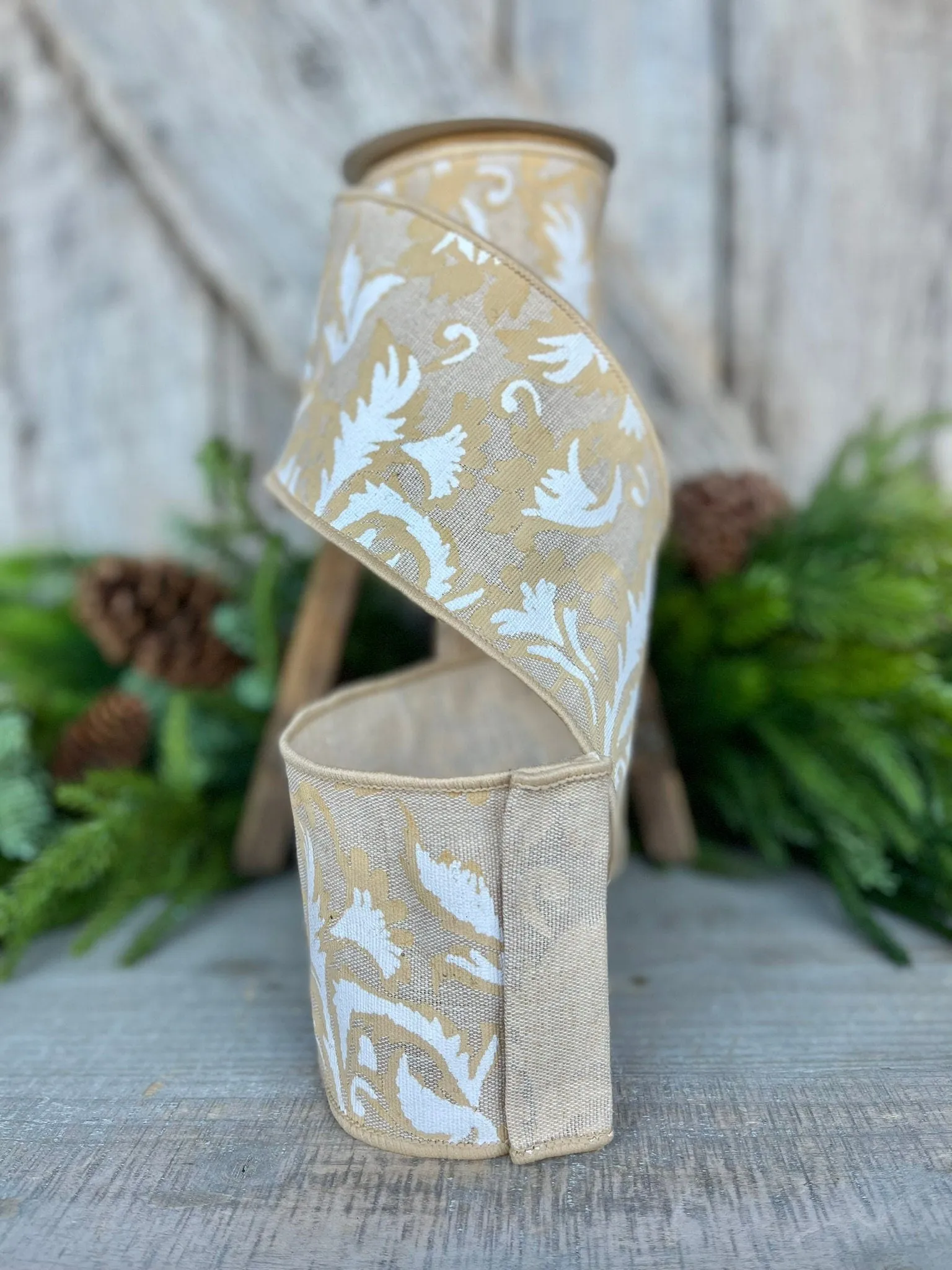 4" Beige Rustic Filigree Ribbon, Farmhouse Ribbon