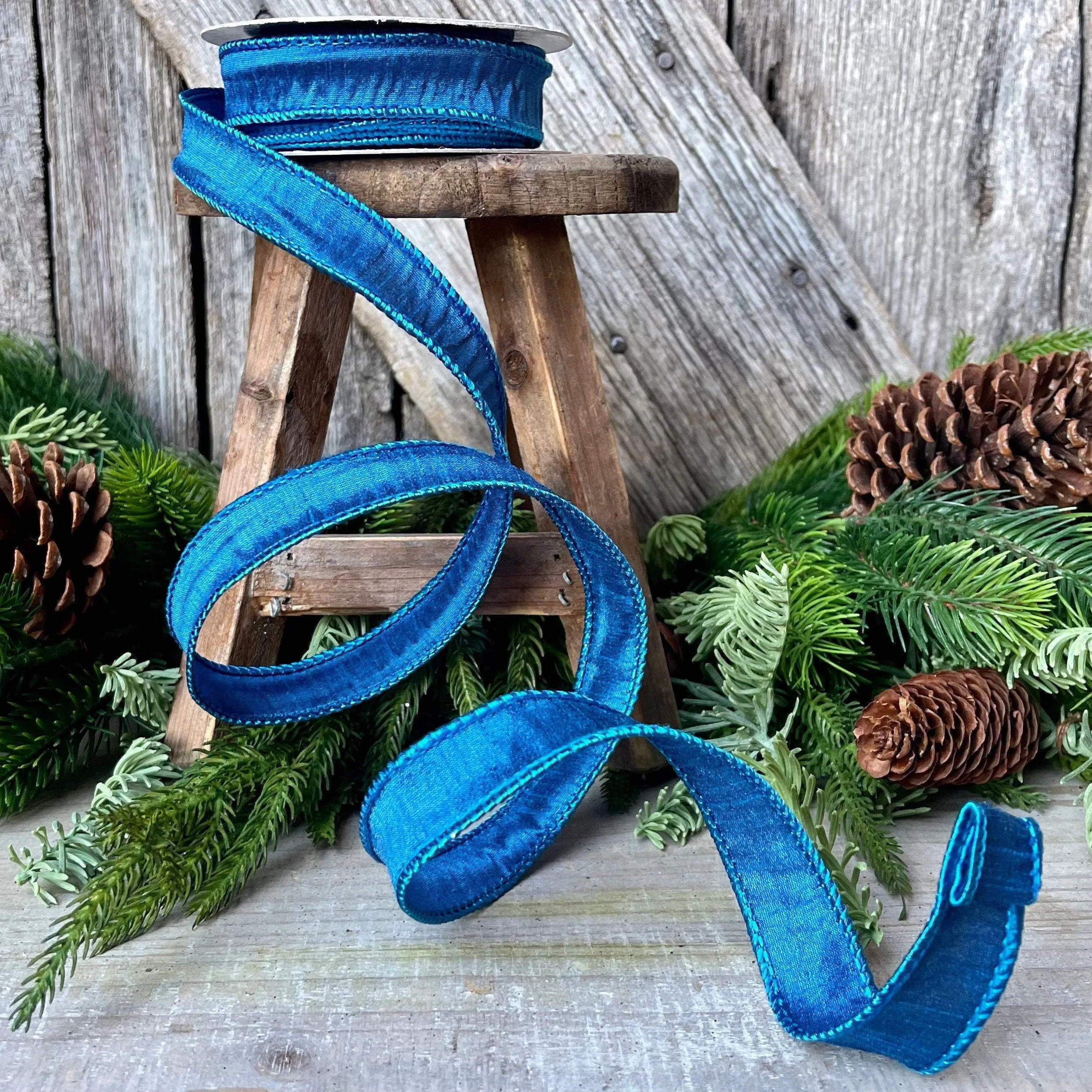 7/8" Blue Turquoise Wired Ribbon, Dupioni Ribbon, Narrow Ribbon