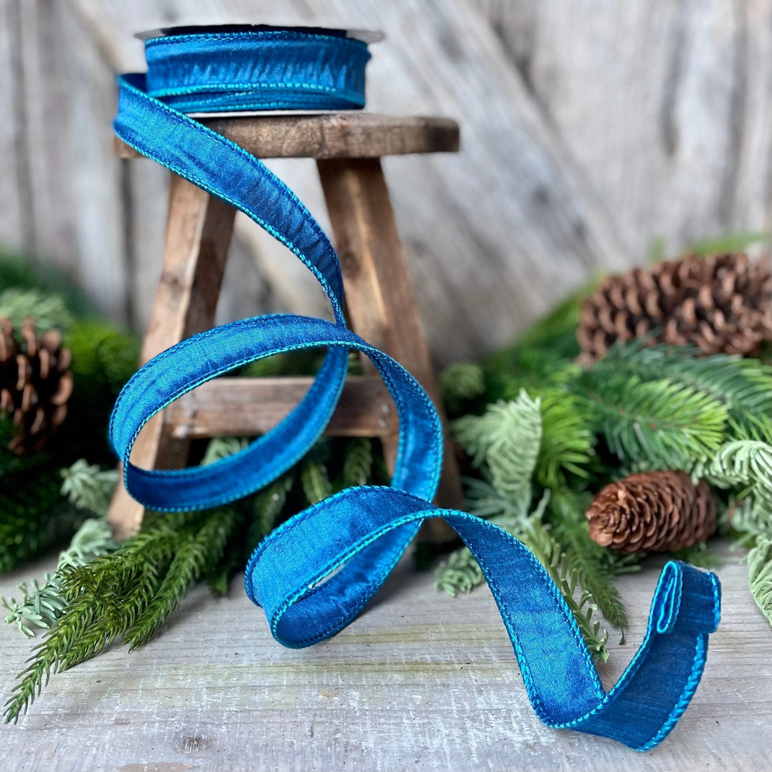 7/8" Blue Turquoise Wired Ribbon, Dupioni Ribbon, Narrow Ribbon