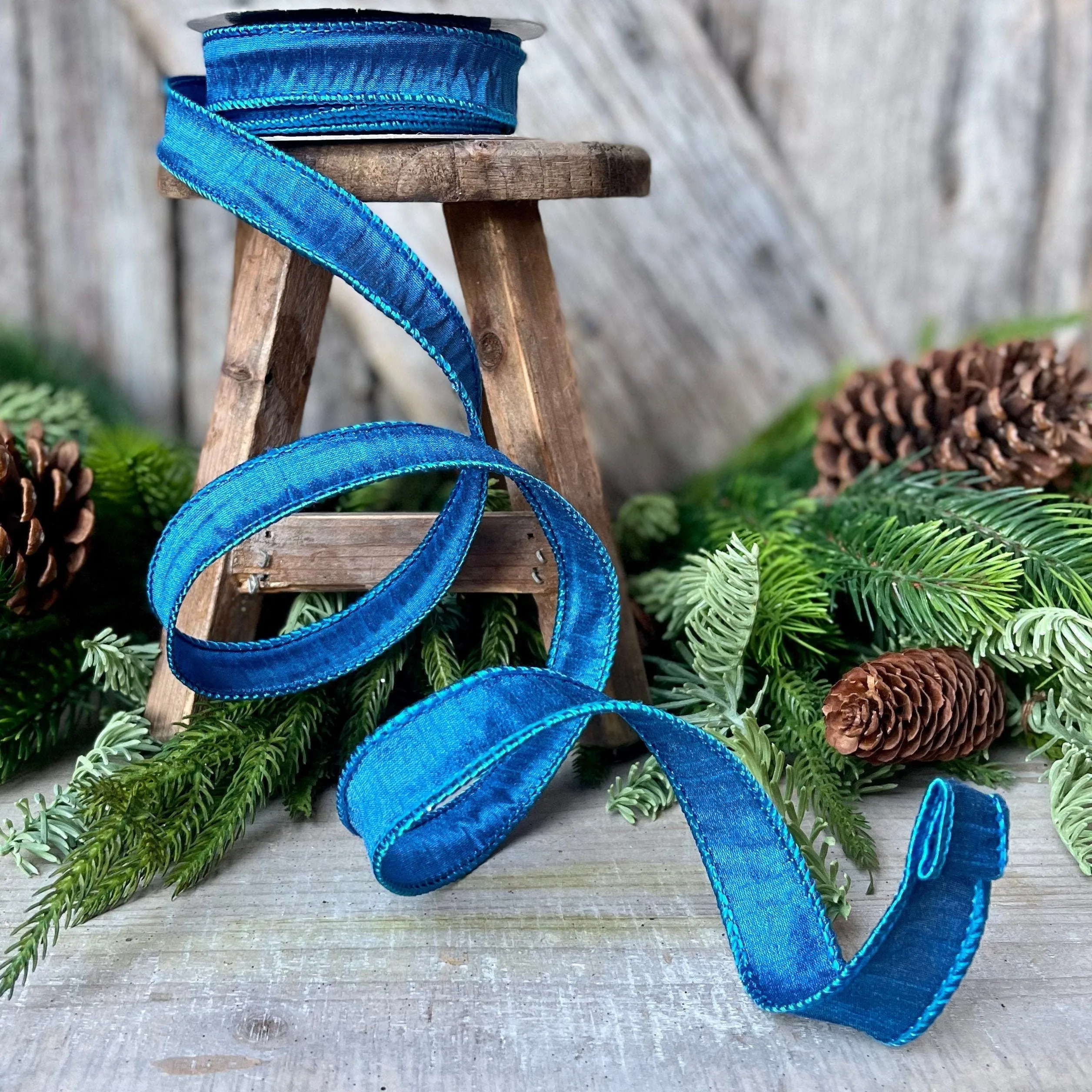 7/8" Blue Turquoise Wired Ribbon, Dupioni Ribbon, Narrow Ribbon