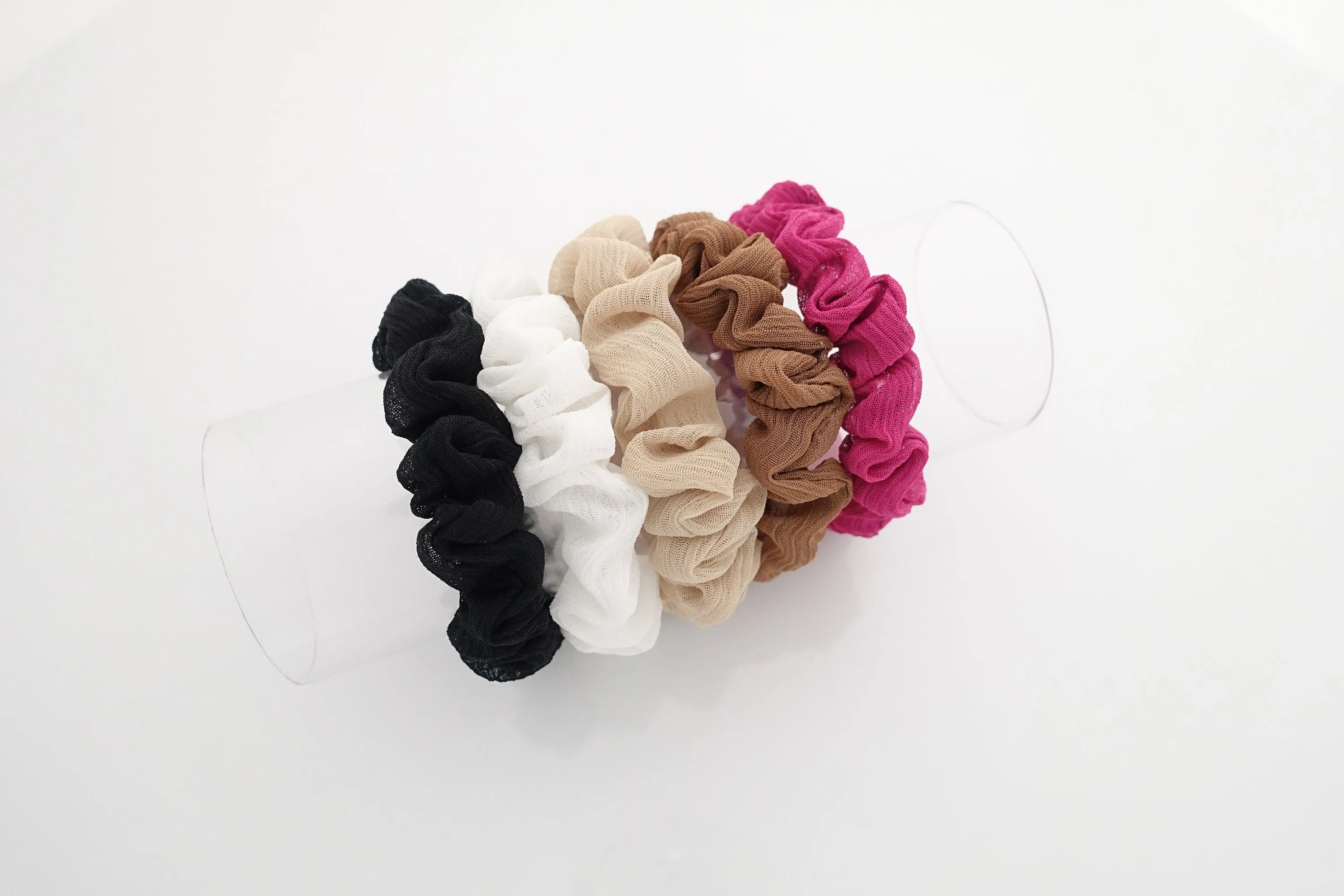 A set of 5 Mini Chiffon Scrunchies Set Solid Color scrunchy Ponytail Holder scrunchie pack for women