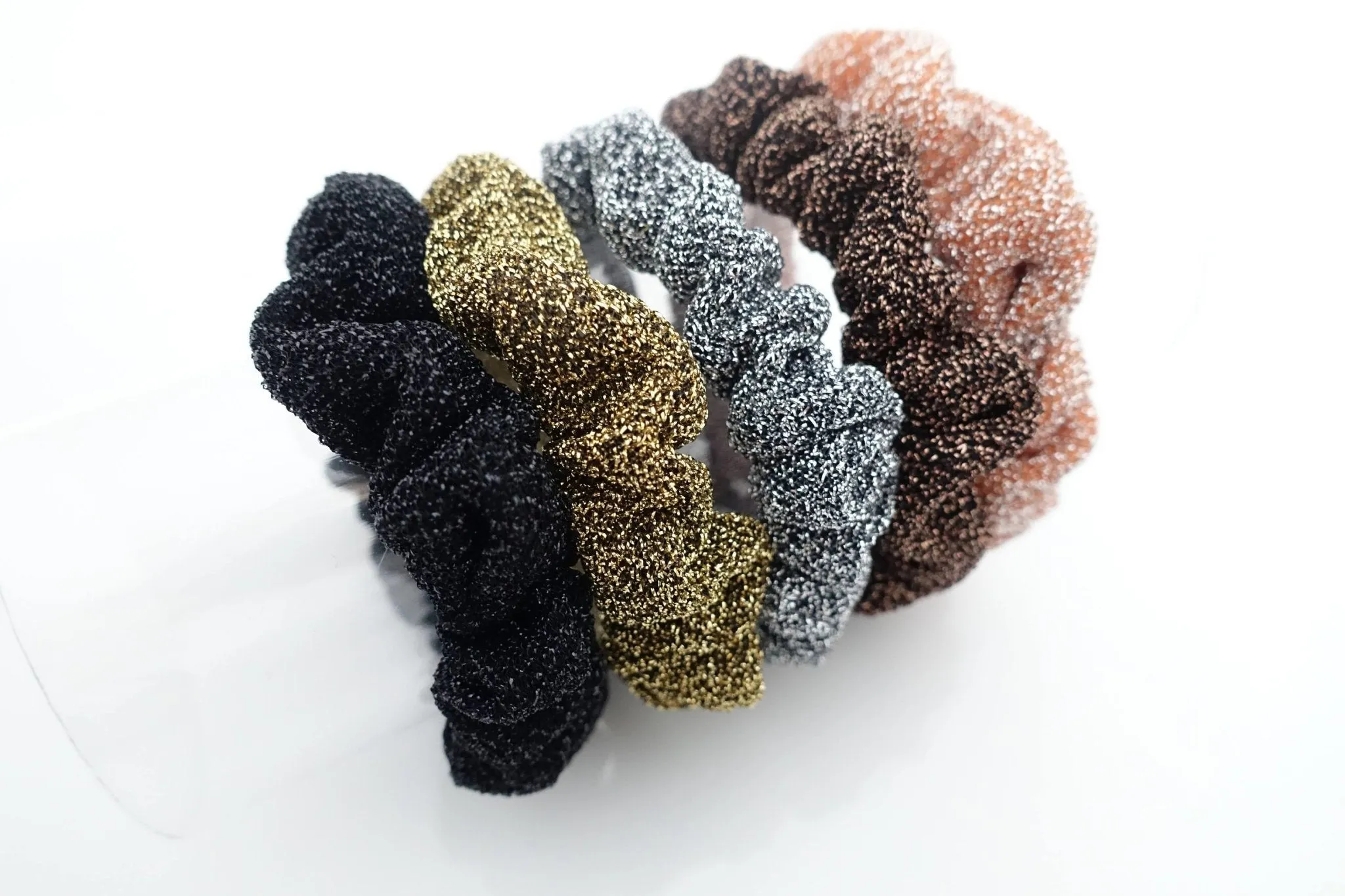 A Set of 5 thin scrunchies Pearl Glittering Mini Thin hair tie Set Women scrunchie pack