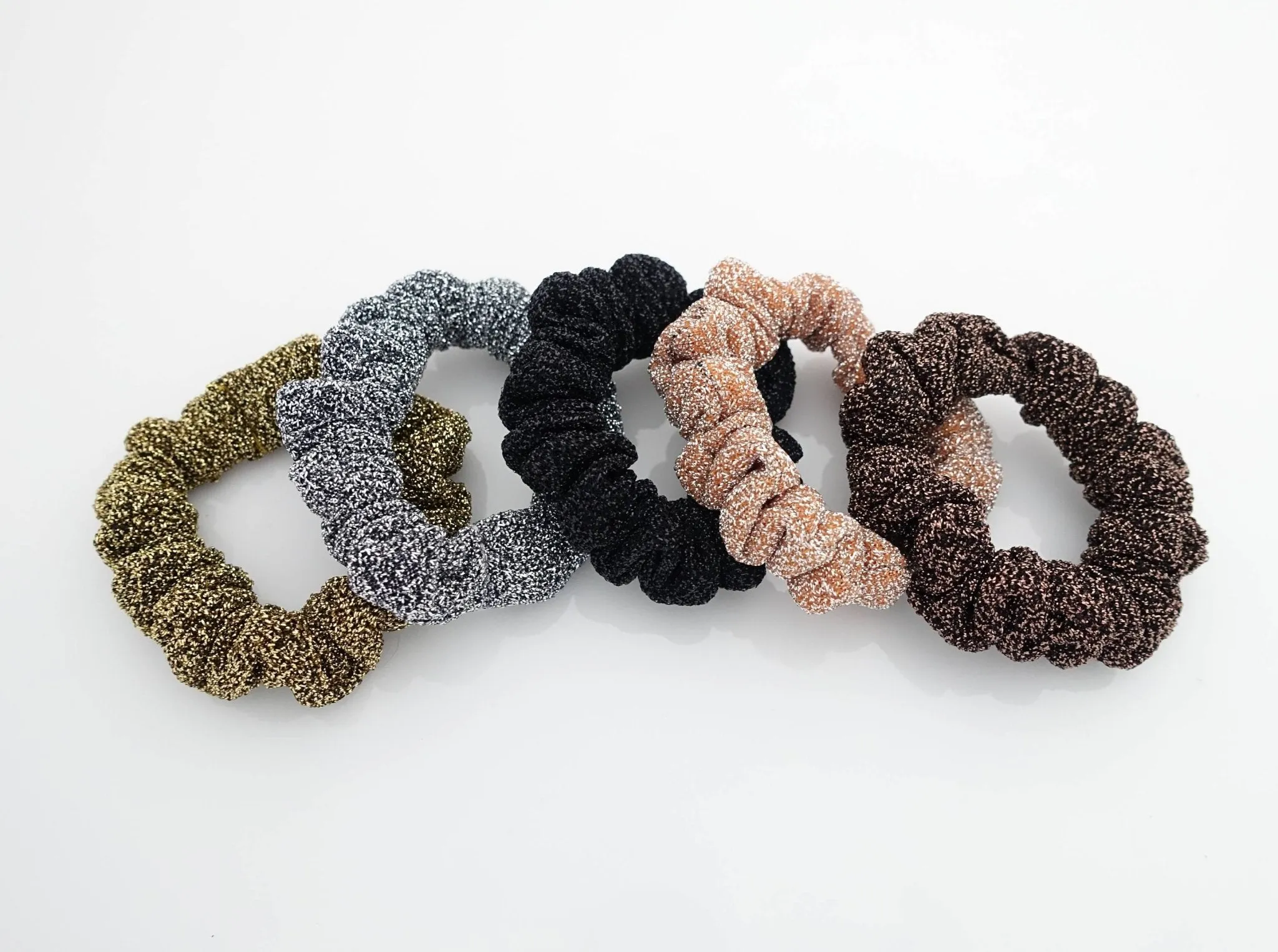 A Set of 5 thin scrunchies Pearl Glittering Mini Thin hair tie Set Women scrunchie pack