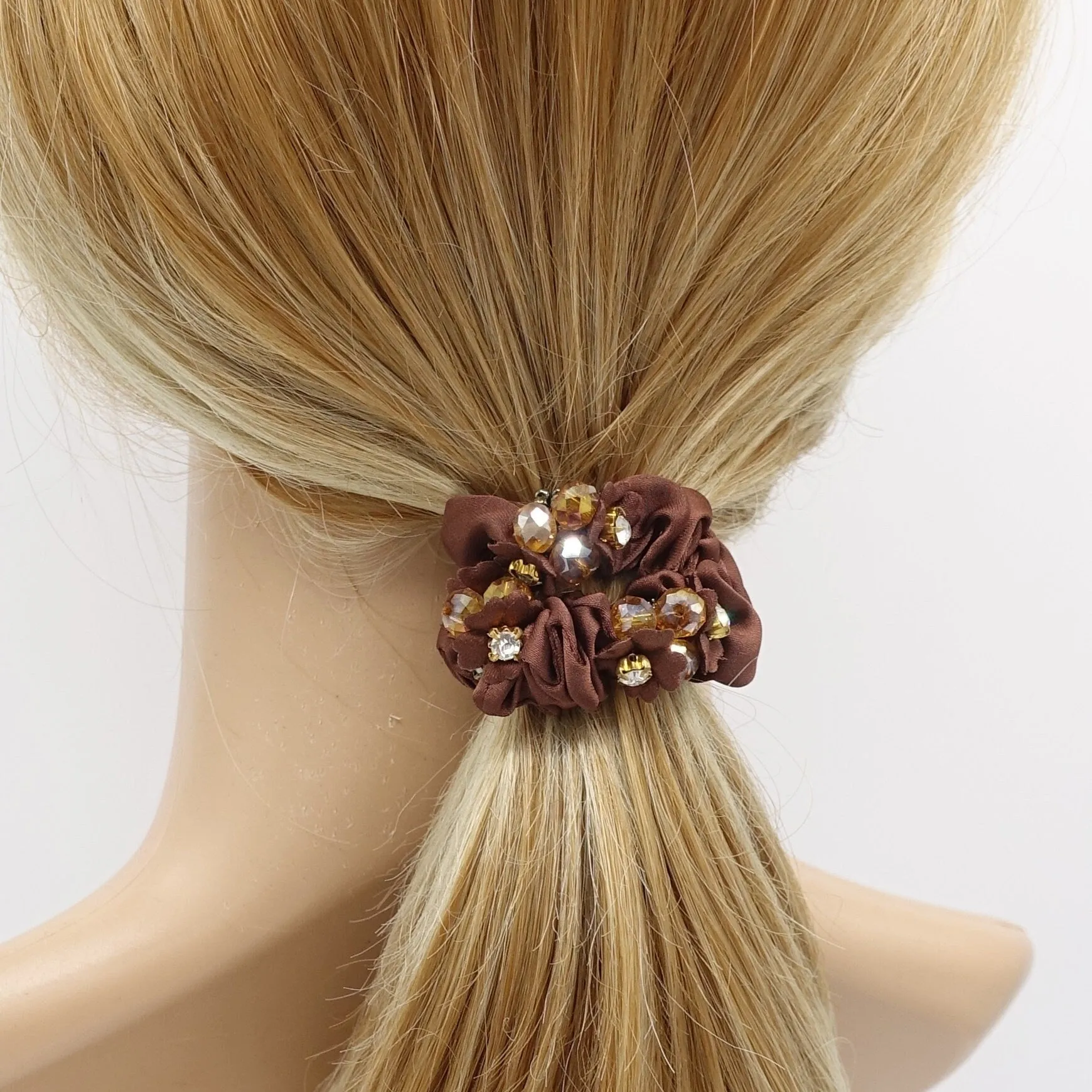 Acrylic Rhinestone Flower  Dazzling Ornament  Satin Ponytail Holder Scrunchies