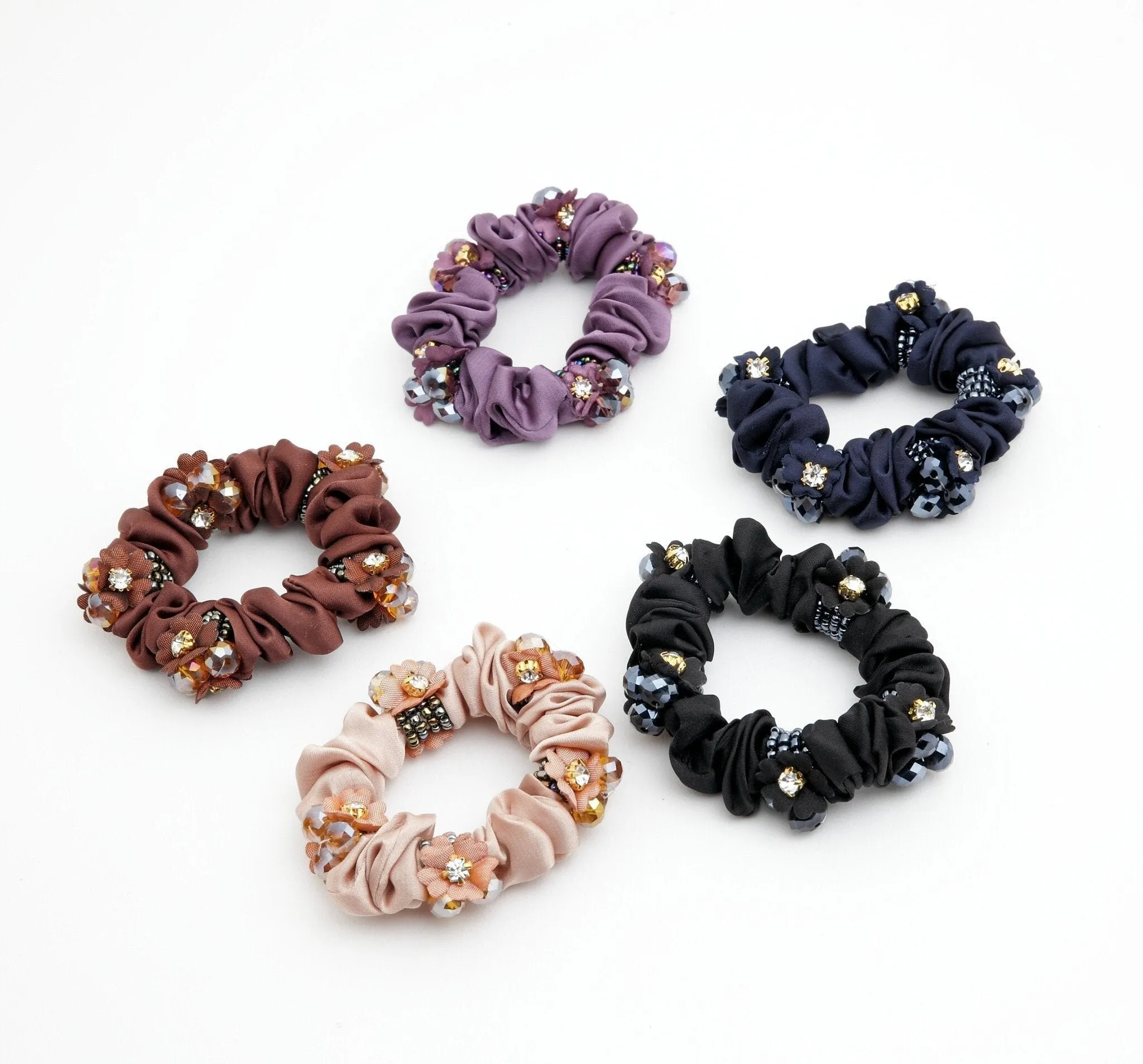 Acrylic Rhinestone Flower  Dazzling Ornament  Satin Ponytail Holder Scrunchies