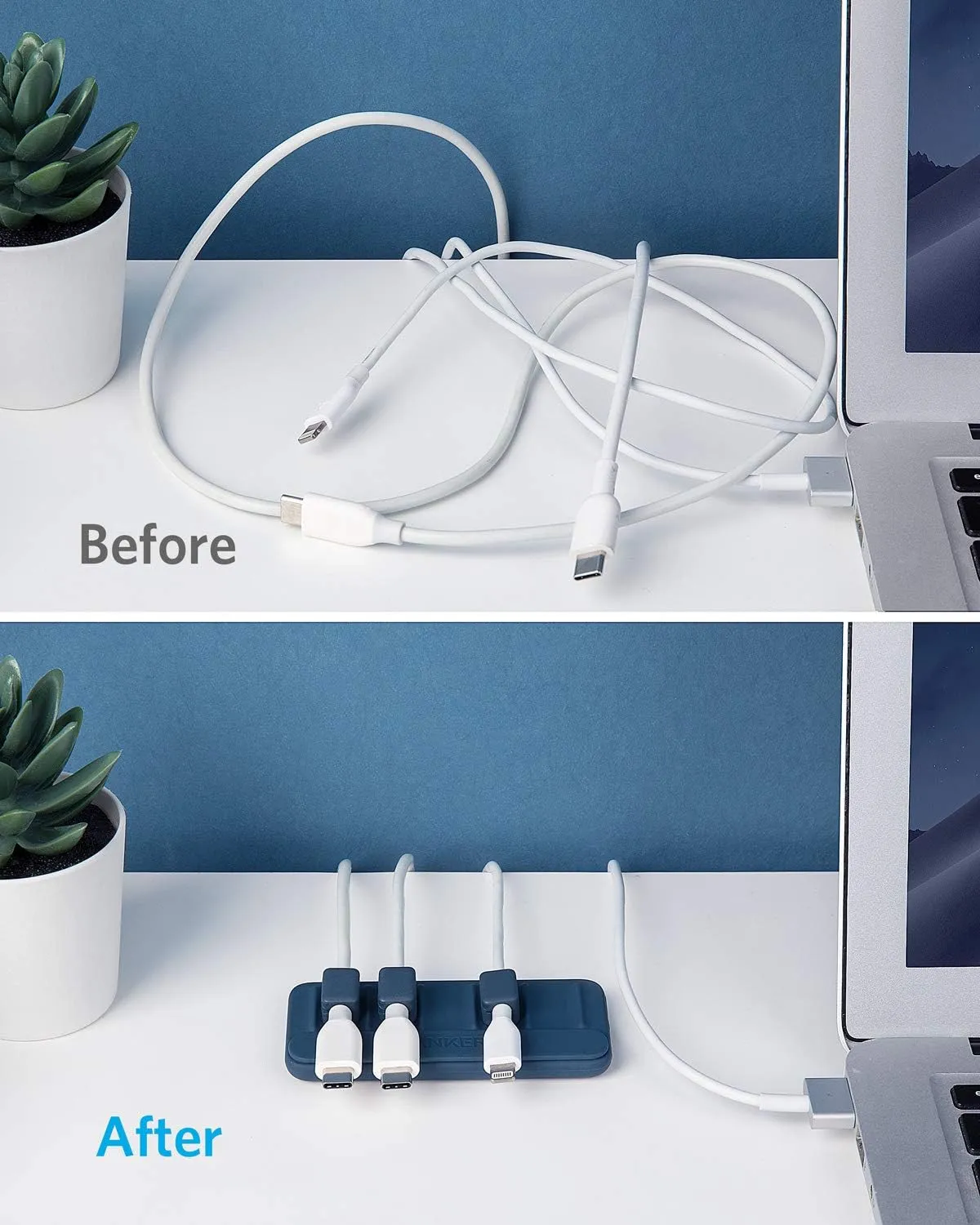 Anker Cable Management - Magnetic Cord Keeper, 5 Clips for Lightning & USB C / Micro Cables, Sticks to Wood, Marble, Metal, Glass (Blue, 2 Pack)