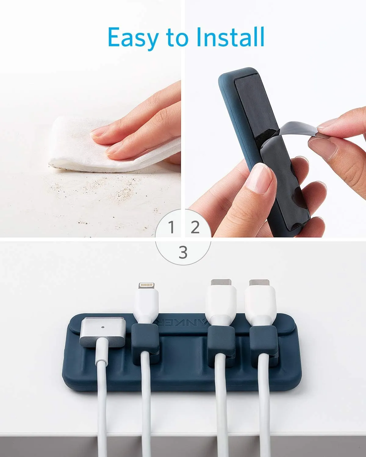 Anker Cable Management - Magnetic Cord Keeper, 5 Clips for Lightning & USB C / Micro Cables, Sticks to Wood, Marble, Metal, Glass (Blue, 2 Pack)