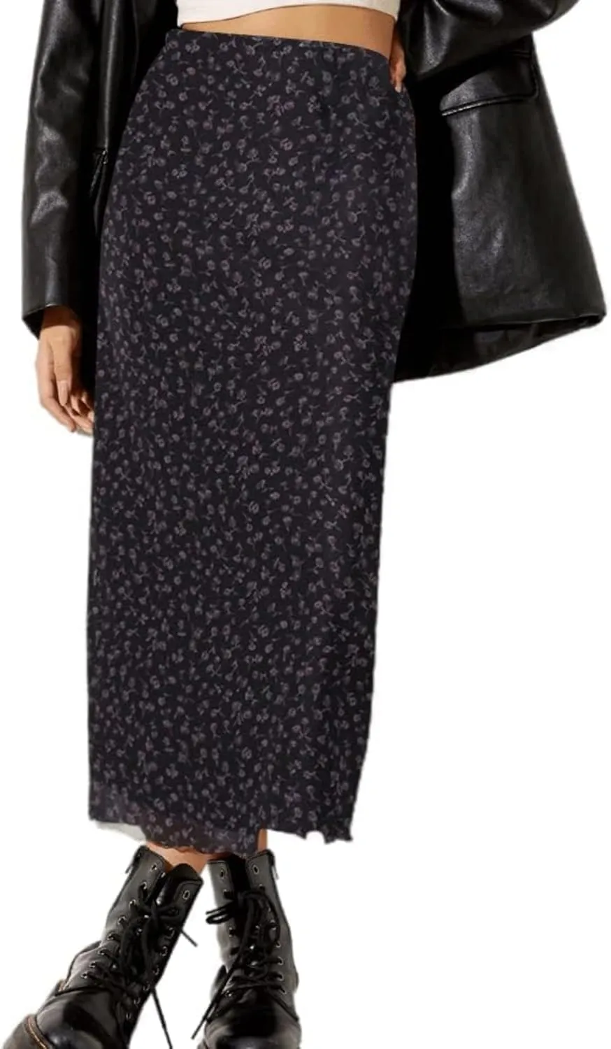 Avanova Women Mesh Floral Boho High Waist Midi Skirt Lettuce Trim Summer A Line Skirt
