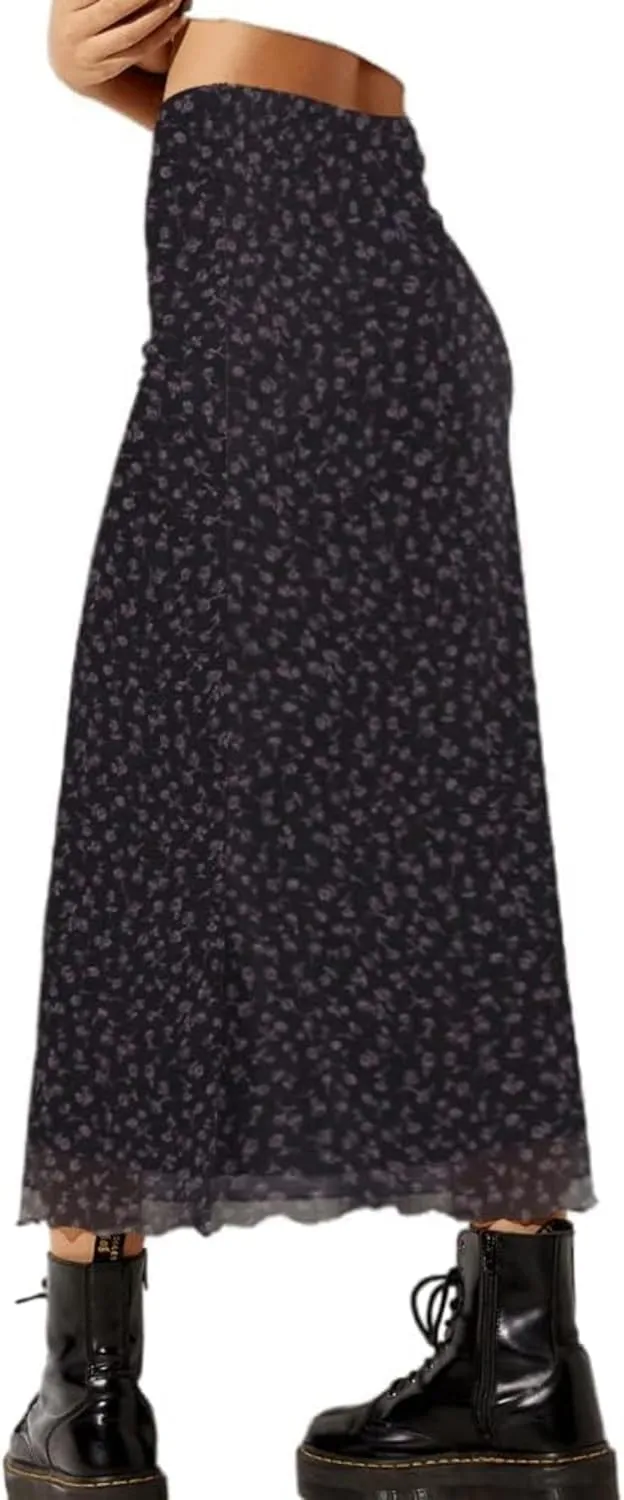 Avanova Women Mesh Floral Boho High Waist Midi Skirt Lettuce Trim Summer A Line Skirt