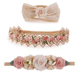 Baby Girl Floral Headbands- 3pcs Nylon Headband Handmade Flower Crown Elastic Hairband Newborn Toddler Hair Accessories Gifts for Girls 1-6 years old