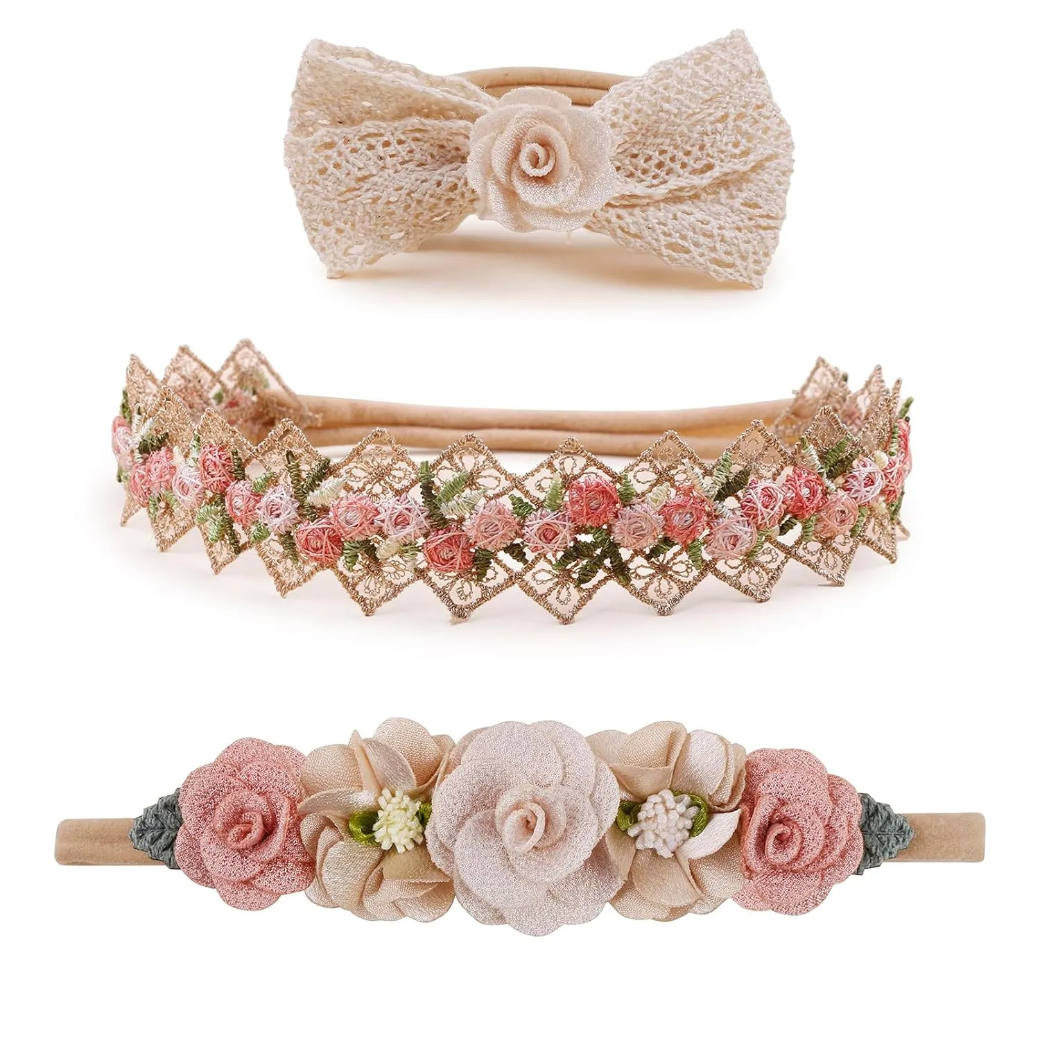 Baby Girl Floral Headbands- 3pcs Nylon Headband Handmade Flower Crown Elastic Hairband Newborn Toddler Hair Accessories Gifts for Girls 1-6 years old
