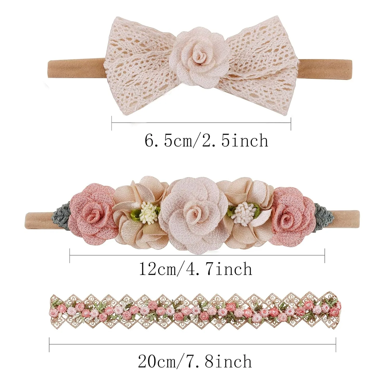 Baby Girl Floral Headbands- 3pcs Nylon Headband Handmade Flower Crown Elastic Hairband Newborn Toddler Hair Accessories Gifts for Girls 1-6 years old