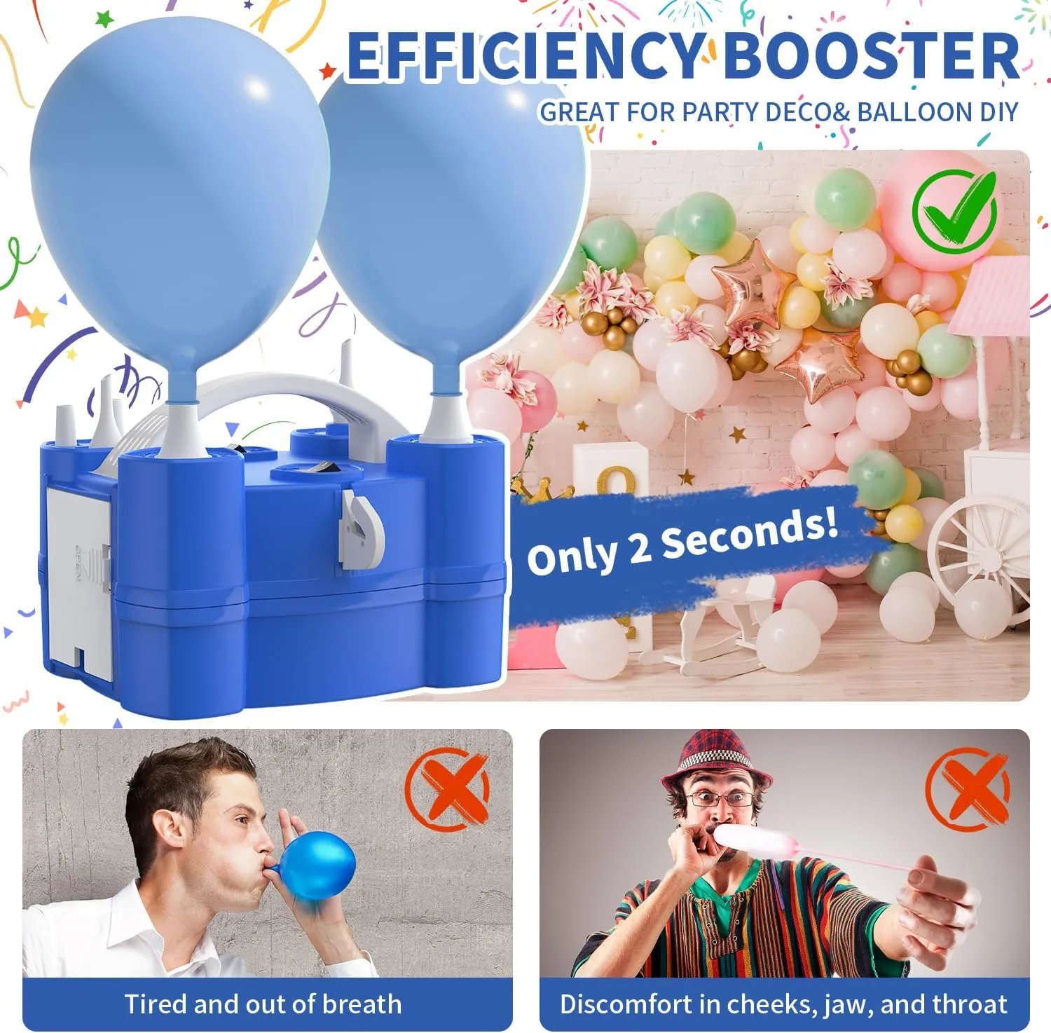 Balloon Pump 3-in-1 Electric Air Pump for All Balloons& Inflatables, Triple Inflating Ports for Latex 260q Foil Mylar Balloon Inflation, Quick-Fill Inflator Deflator for Pool Floats Air Beds