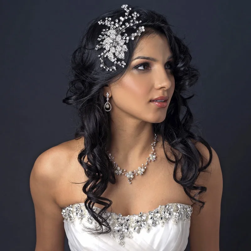 Big Antique Silver Floral Spray Bridal Couture Hair Comb