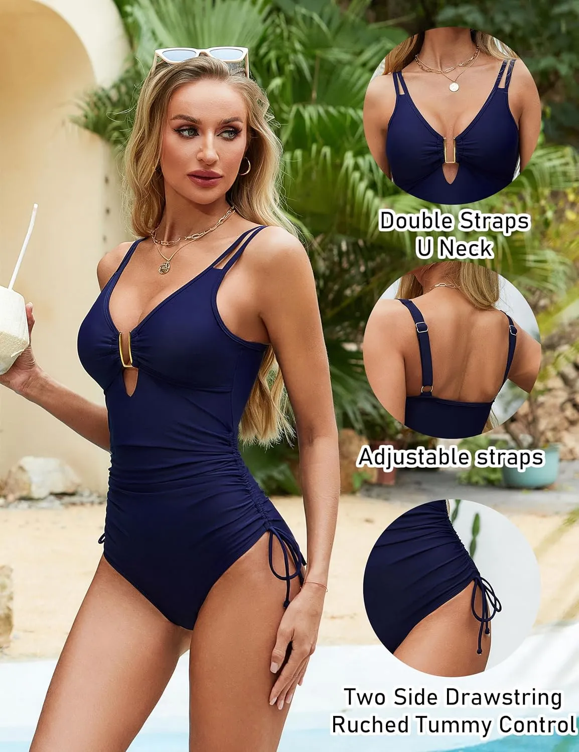 BMJL Women's Tummy Control Swimsuits Ruched One Piece Bathing Suit Double Straps Deep V Neck Drawstring Swimsuit