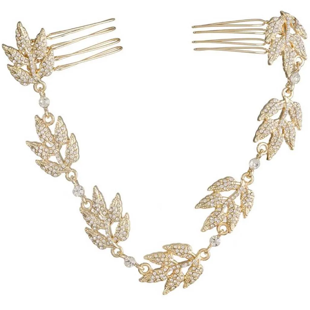 Bridal Hair Chain: Gold Grecian Leaves with Crystal Rhinestones