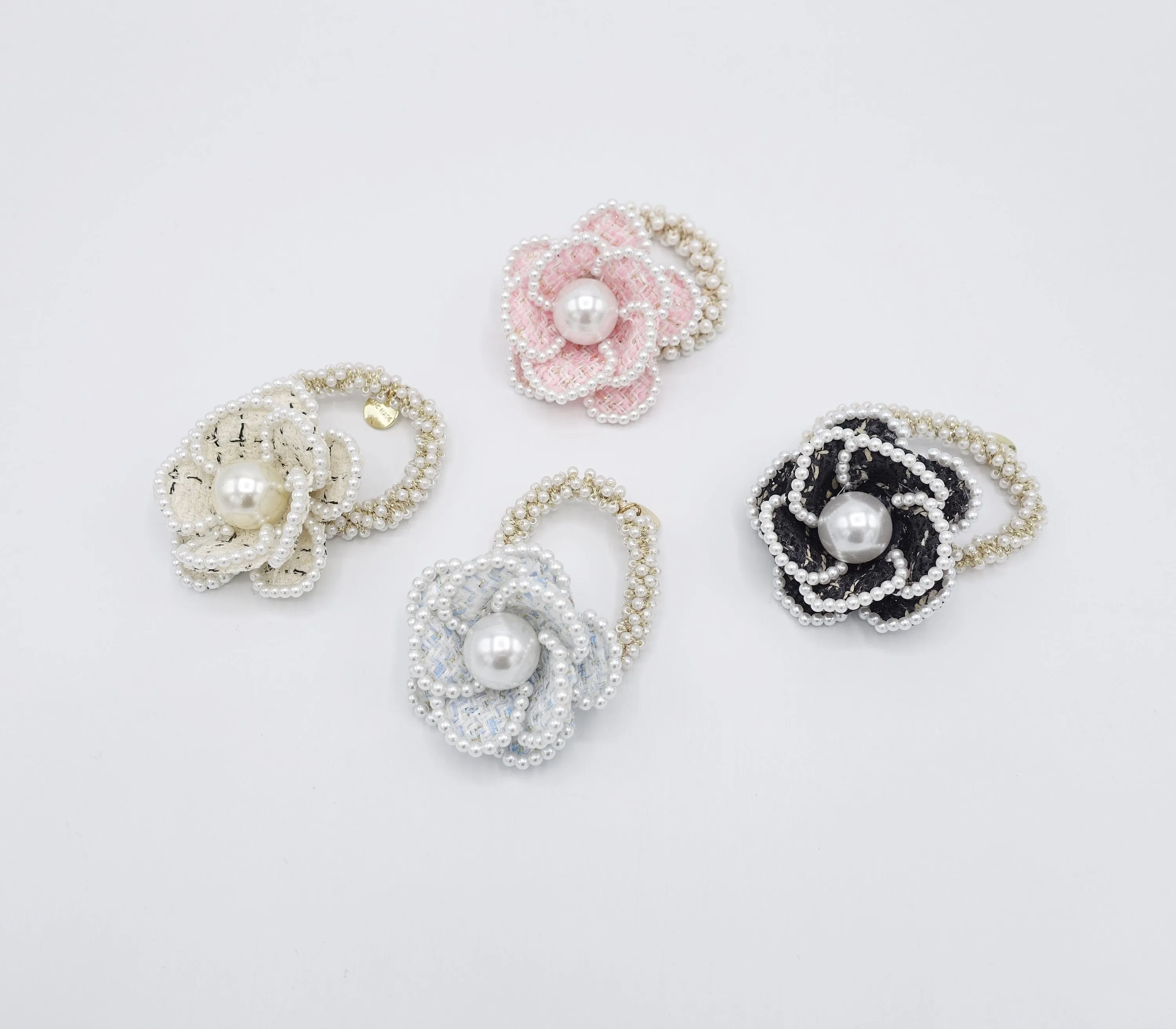 camellia scrunchies, pearl flower hair ties, flower scrunchies for women