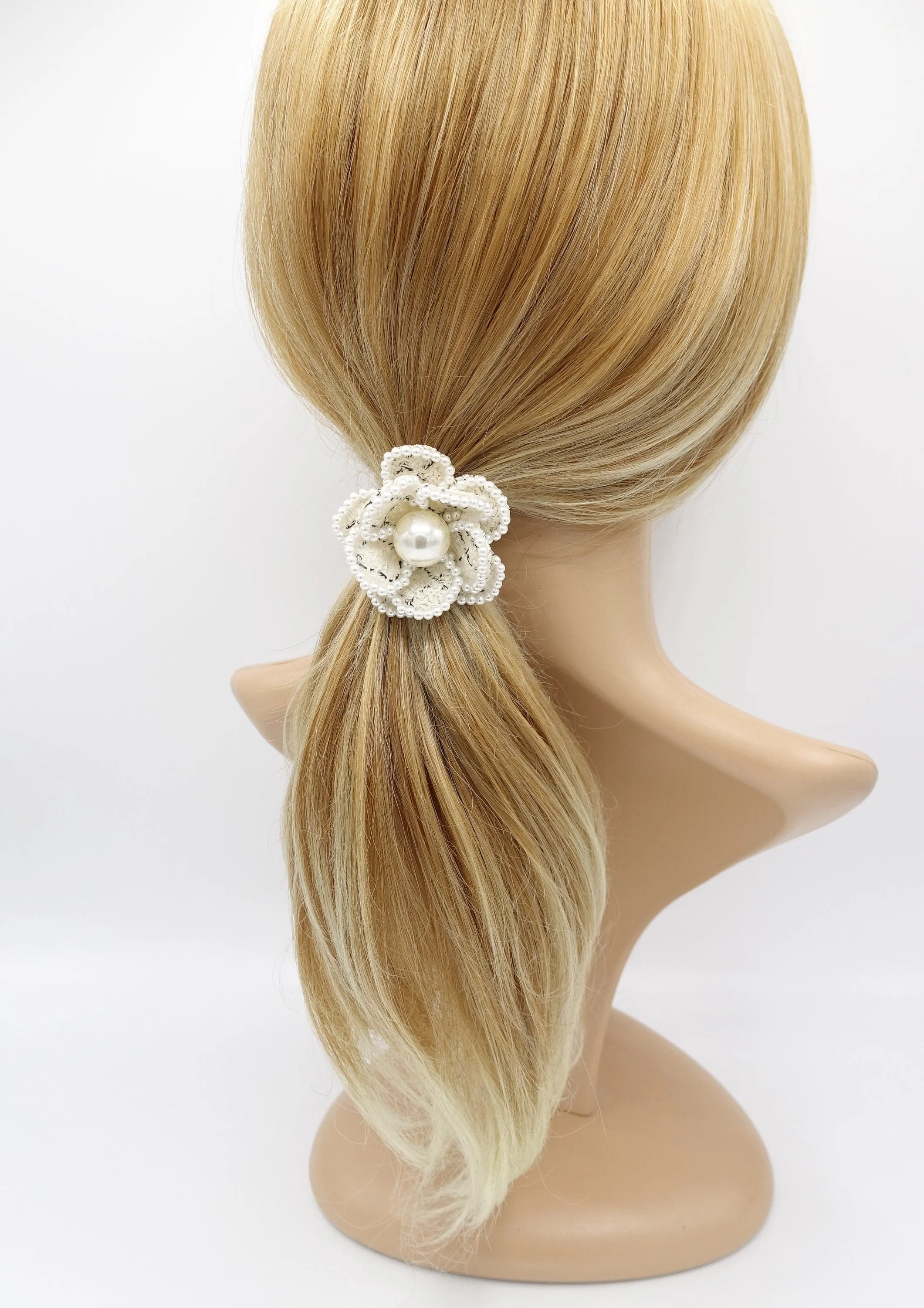 camellia scrunchies, pearl flower hair ties, flower scrunchies for women