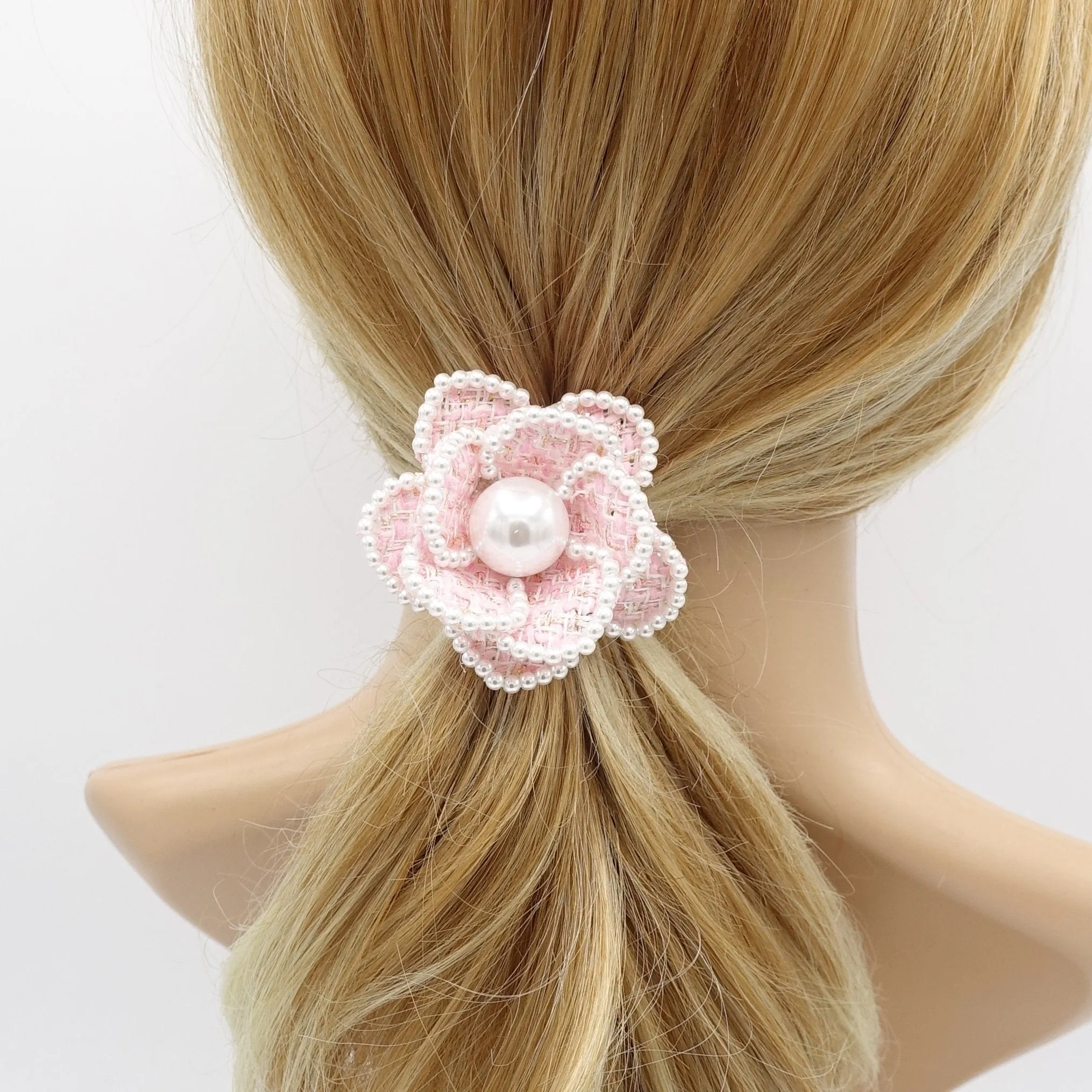 camellia scrunchies, pearl flower hair ties, flower scrunchies for women