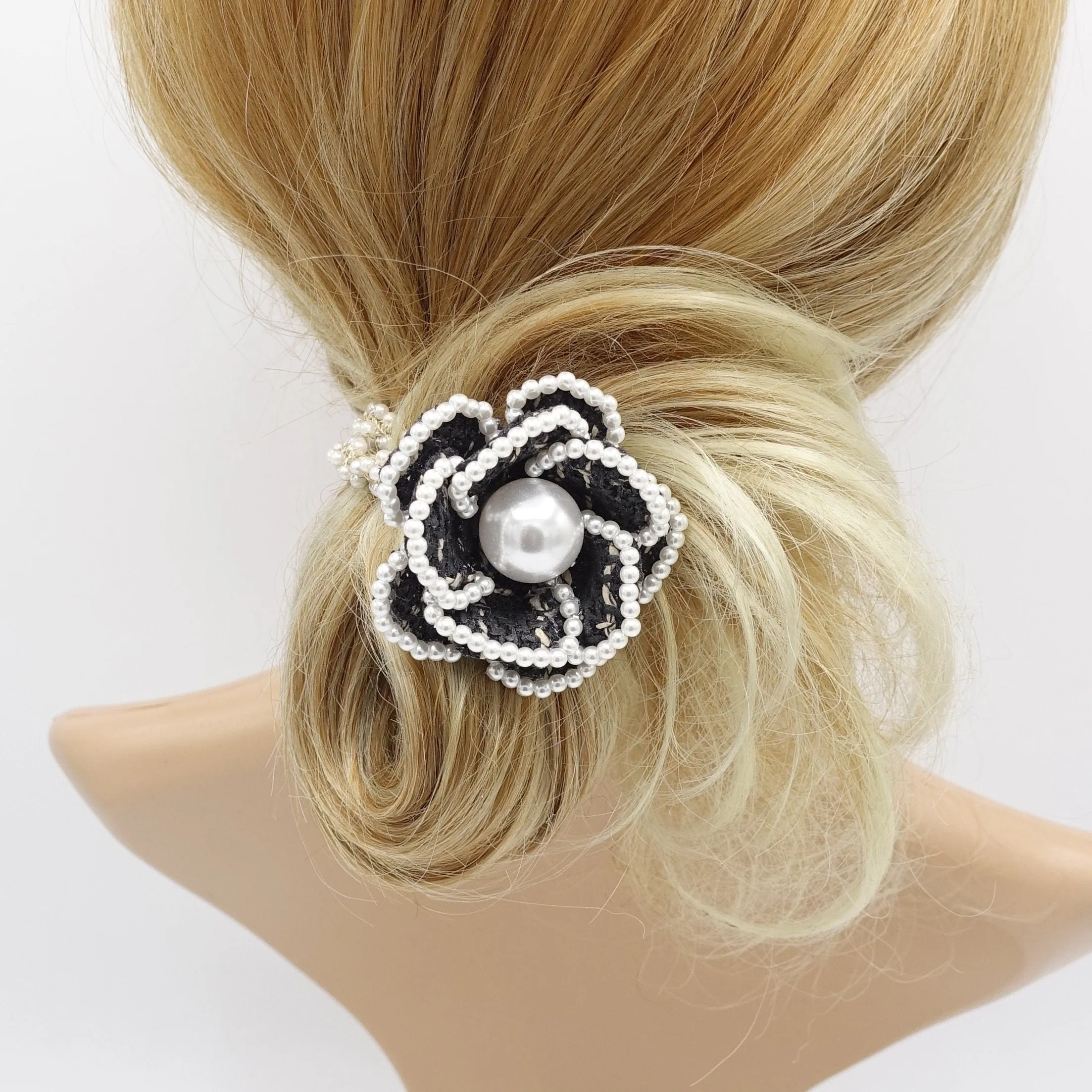 camellia scrunchies, pearl flower hair ties, flower scrunchies for women