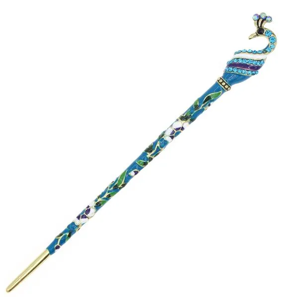 Cloisonne Enamel Hair Stick with Rhinestones Green Peacock