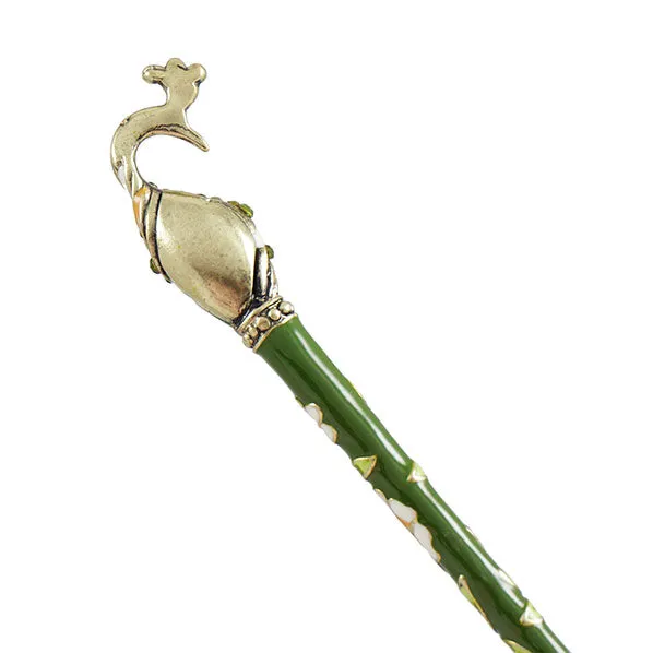 Cloisonne Enamel Hair Stick with Rhinestones Green Peacock