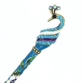 Cloisonne Enamel Hair Stick with Rhinestones Green Peacock