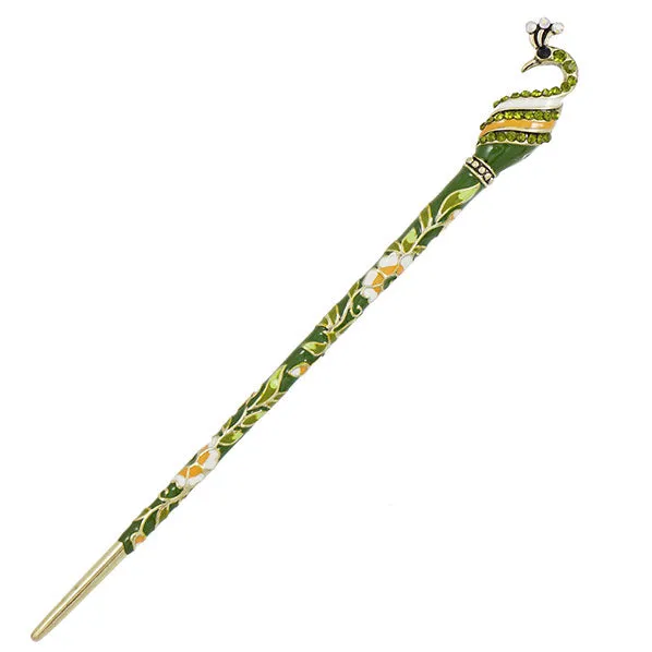 Cloisonne Enamel Hair Stick with Rhinestones Green Peacock