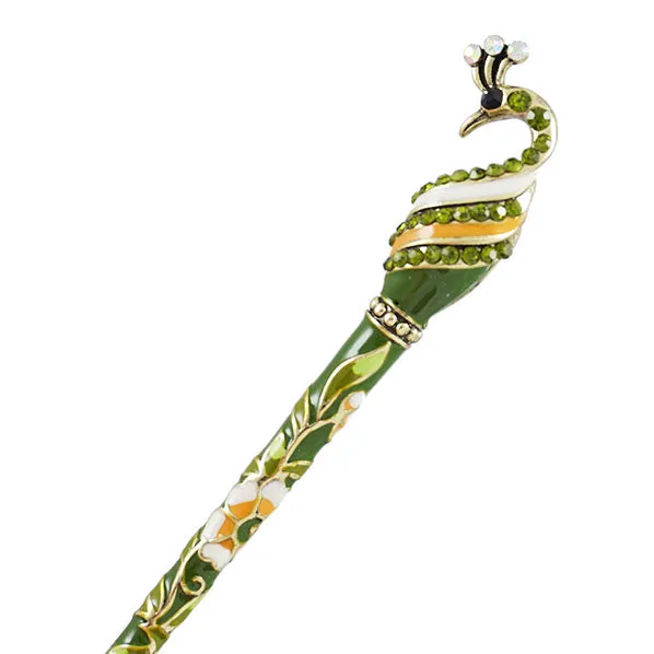 Cloisonne Enamel Hair Stick with Rhinestones Green Peacock