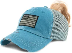 Custom Womens Ponytail Cap Black White American Flag Embroidery Cotton