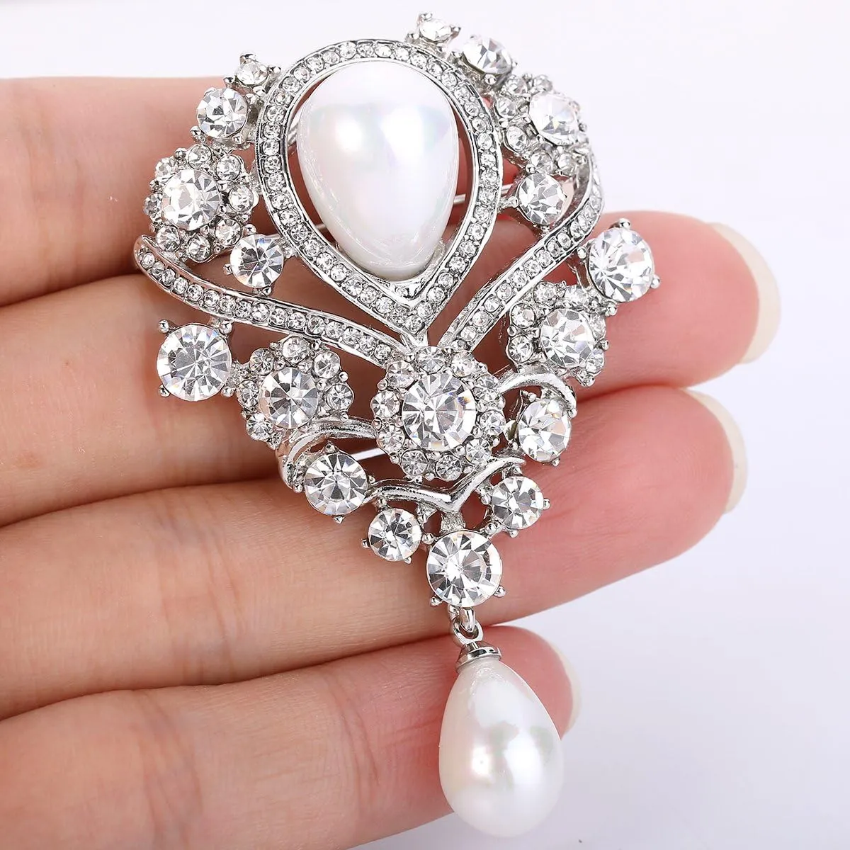 EleQueen Women's Silver-Tone Austrian Crystal White Simulated Pearl Teardrop Bridal Brooch