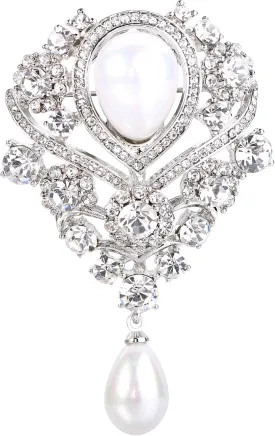 EleQueen Women's Silver-Tone Austrian Crystal White Simulated Pearl Teardrop Bridal Brooch
