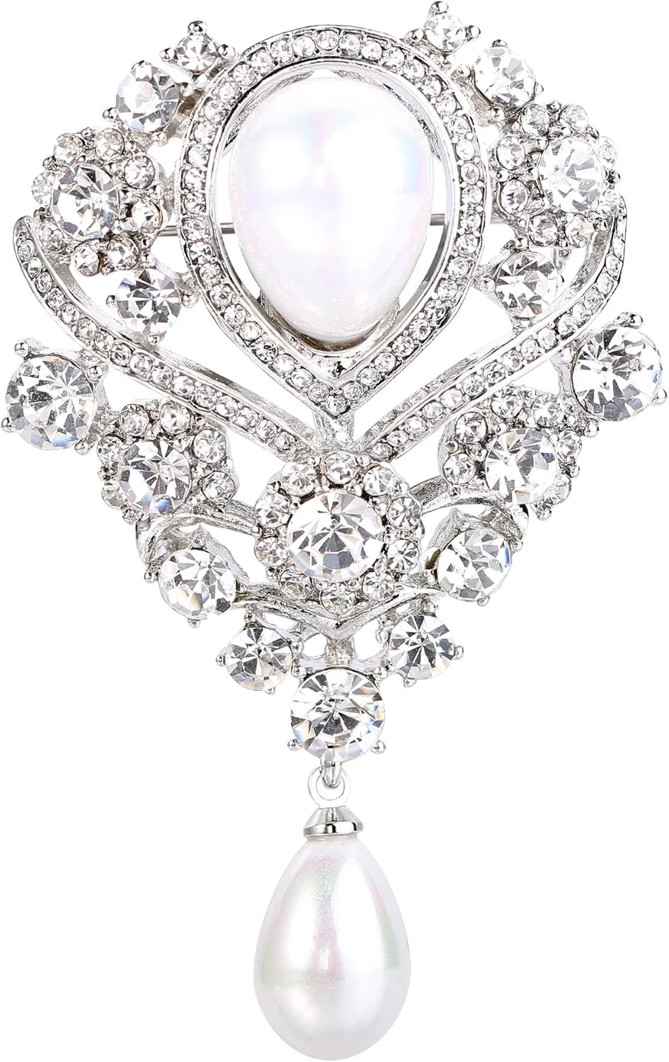 EleQueen Women's Silver-Tone Austrian Crystal White Simulated Pearl Teardrop Bridal Brooch