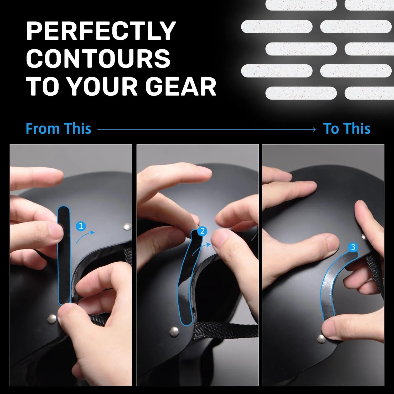 ELOS Reflective Gear 3M Black Stickers - Helmet Tape, Motorcycle Tape, Hi Viz Stickers for Helmets - Discreet Black Until Light Hits It (Combo Style)