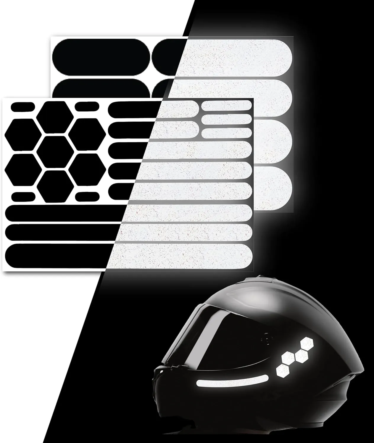 ELOS Reflective Gear 3M Black Stickers - Helmet Tape, Motorcycle Tape, Hi Viz Stickers for Helmets - Discreet Black Until Light Hits It (Combo Style)