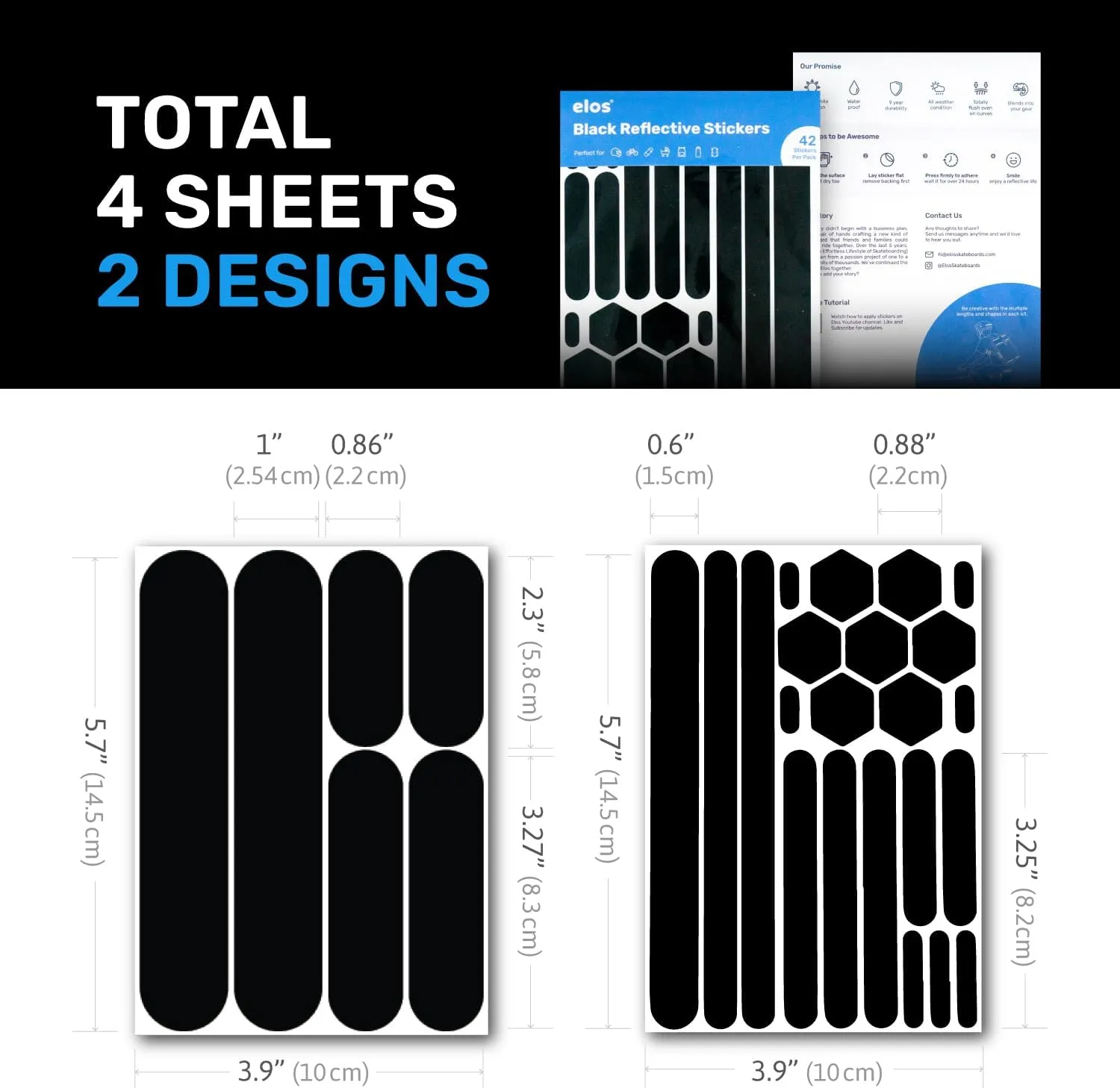 ELOS Reflective Gear 3M Black Stickers - Helmet Tape, Motorcycle Tape, Hi Viz Stickers for Helmets - Discreet Black Until Light Hits It (Combo Style)