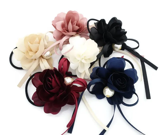 Flower Strap Bow Knot Pearl Ball Decorated Hair Elastic Ponytail Holder Hair Accessories For Women