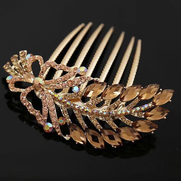 Gold Finish Rhinestone Butterfly and Leaves French Twist Decorative Comb