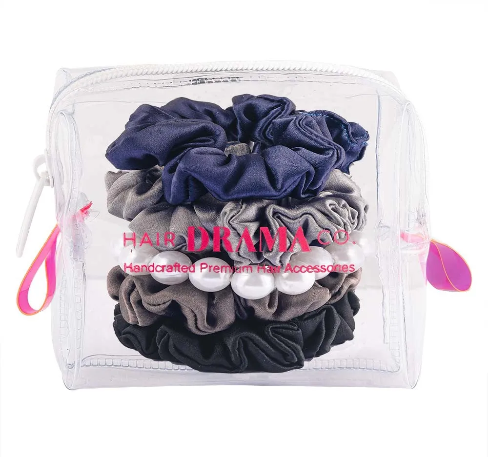 Hair Drama Co Luxury Scrunchies Set of 5 with Free Pouch - Neutral Gift Set