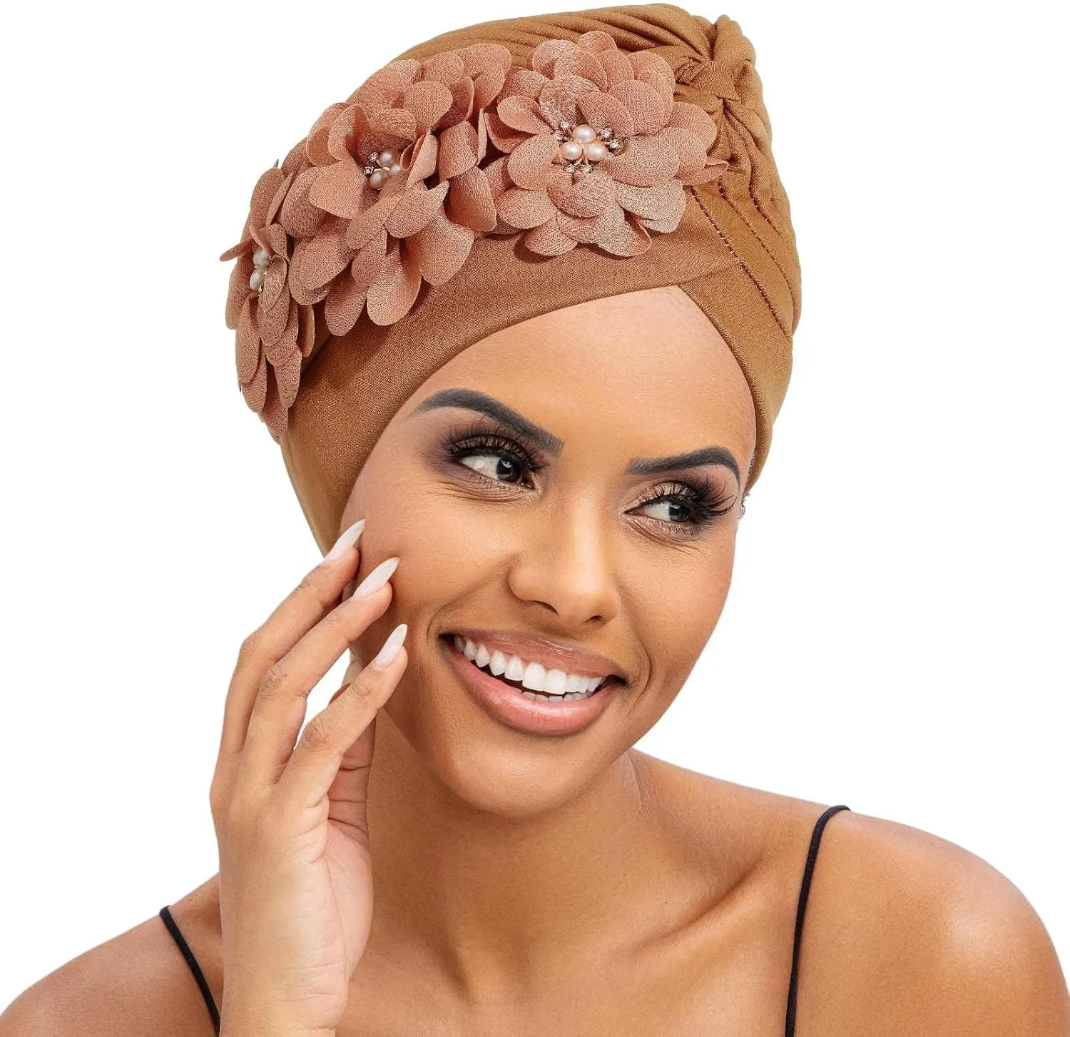 HeadWrap Hair Turbans African Turban Flower Pearl Crystal Twisted Head Turban for Women Fashion