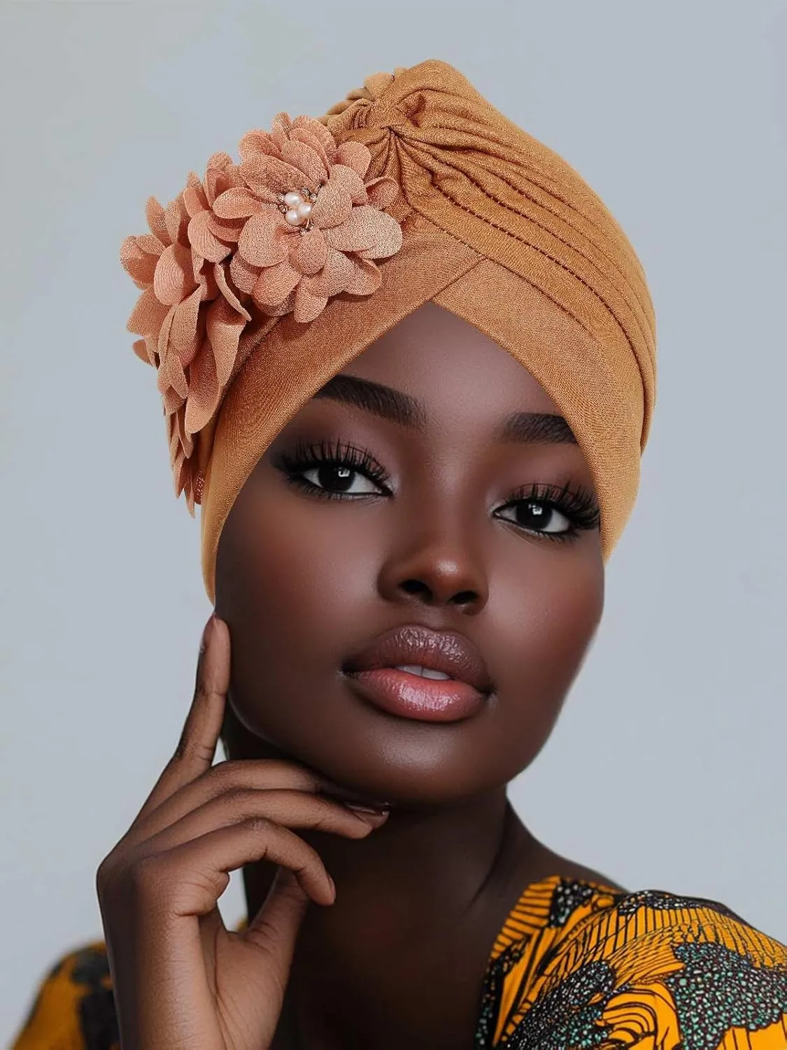 HeadWrap Hair Turbans African Turban Flower Pearl Crystal Twisted Head Turban for Women Fashion